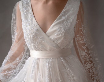 Wrapped Lace wedding dress/minimalist wedding dress/simple wedding dress/Long puffed sleeves wedding dress with silk belt/3D lace sleeves