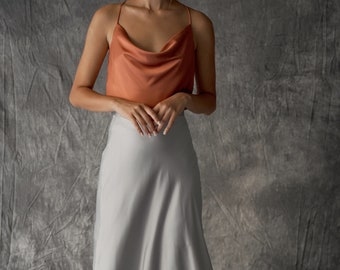 Handmade Copper Silk Cowl Top & Silver Slip Skirt Set
