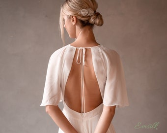 100% Silk chiffon Backless wedding dress/wedding dress with cape sleeves in chiffon/minimalist wedding dress/backless wedding dress