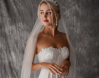 100 percent pure silk Minimalist Silk Wedding Dress with Floral Embroidery & Lace Veil