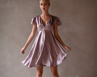 Lavender silk button detailed tea dress/100% pure mulberry silk/women silk dress/short tea dress/casual dress/women short silk dress