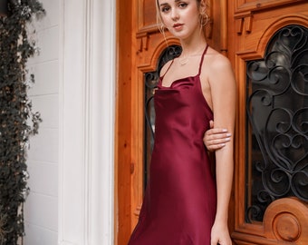 100 percent pure silk Plum Silk Slip Dress: Braided Straps, Cowl Neck, Handmade