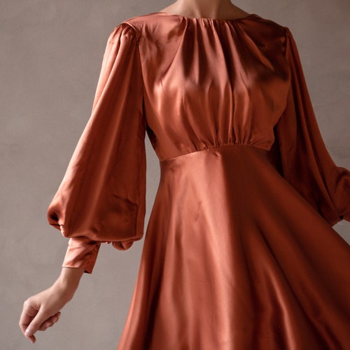 100% pure silk rust orange puffed sleeves dress/flare dress/ short bridesmaid dress/mini silk dress/summer dress/real silk dress