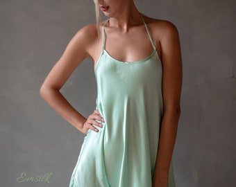 Vestido lencero de seda 100 % pura color menta: Vestido playero sin espalda hecho a mano