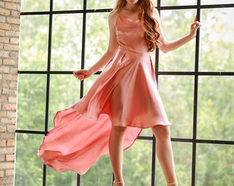 Coral pink high low silk dress/Luxury 100% pure mulberry silk dress/flare dress/bridesmaid dress/cocktail dress/party dress /silk slip dress