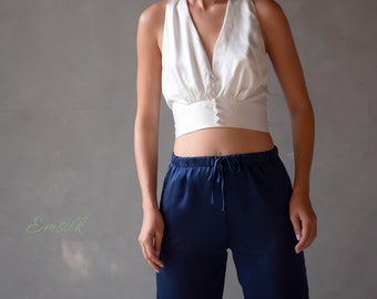 100% Silk set/street style/long pants and top/silk pants/ white crop top/ High-waisted silk trousers/summer oufit