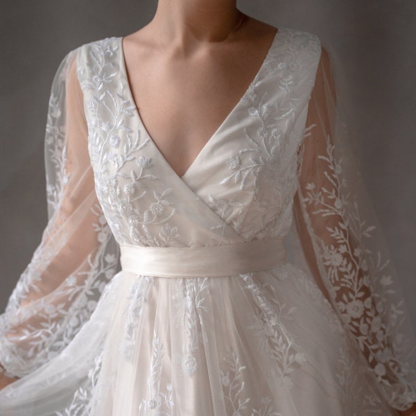 Wrapped Lace wedding dress/minimalist wedding dress/simple wedding dress/Long puffed sleeves wedding dress with silk belt/3D lace sleeves