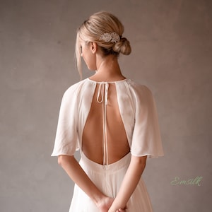 100% Silk chiffon Backless wedding dress/wedding dress with cape sleeves in chiffon/minimalist wedding dress/backless wedding dress