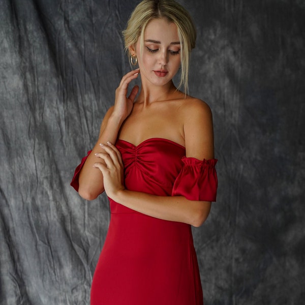 Burgundy off shoulder 100% silk dress/ruffle silk dress/ruffles detail/sweetheart neckline/women party dress/bridesmaid dress