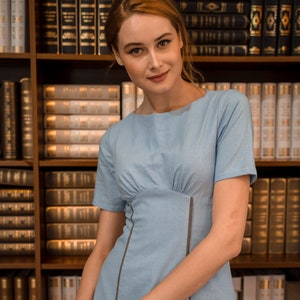 Blue Linen casual dress/linen pencil dress/ Washed and soft linen dress/Pale blue short linen dress/linen work dress/office wear