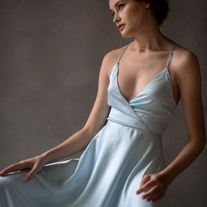 Pale blue backless tea dress/100% charmeuse silk/beach dress/party dress/nightgown/backless silk dress/wrap silk dress/flare silk dress