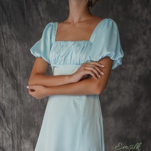 Pale blue puffed sleeves 100% silk dress/flare dress/front slit/bridesmaid dress/midi silk dress/women dress/puffed sleeves detail image 1