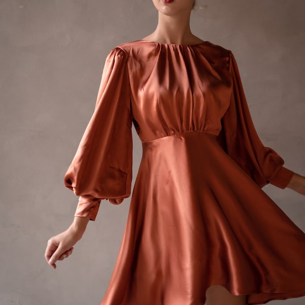 100% pure silk rust orange puffed sleeves dress/flare dress/ short bridesmaid dress/mini silk dress/summer dress/real silk dress