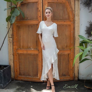 Ivory white dress/Luxury 100% pure mulberry silk/bridesmaid dress/ruffle sleeves/wrap dress/wrap hem dress/simple wedding dress/silk dress