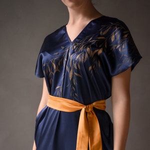 Hand-painted gold paint leaves on navy silk dress/oversized silk dress/women work dress/casual dress/simple women dress/gift for her image 3