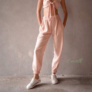 Pale Pink Linen Set: Handmade Crop Top & Trousers