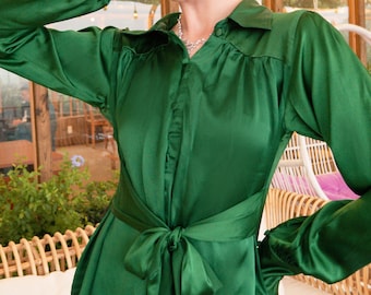 Blusa de seda morera verde esmeralda 100 % pura seda: mangas abullonadas, pajarita
