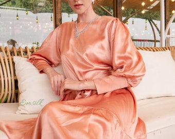 100 percent pure silk Coral Silk Dress: Handmade 100% Mulberry Midi Dress with Belt