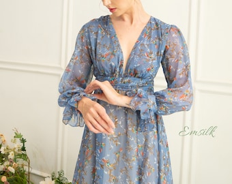 Blue Floral Chiffon Dress: Backless Summer Tea Dress