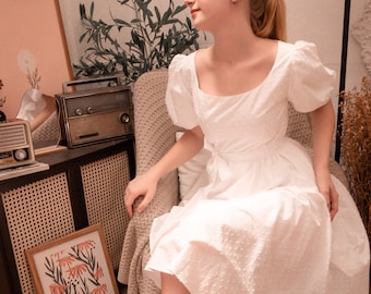 Dotted Swiss white cotton dress/100% cotton summer dress/puffed sleeves cotton dress/cotton Tea dress/midi cotton dress
