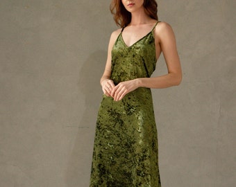 Green velvet top slip dress