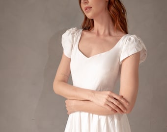 Vestido de lino blanco/Vestido de lino para damas de honor/Vestido de verano/Vestido de lino lavado y suave/Vestido de lino blanco/Vestido de té de lino/Escote corazón
