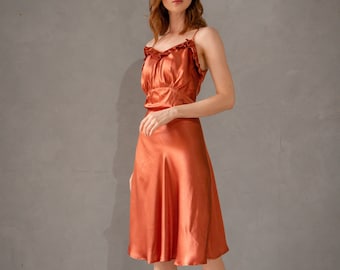 Vestido lencero de seda 100 % pura color naranja óxido: vestido de noche midi hecho a mano