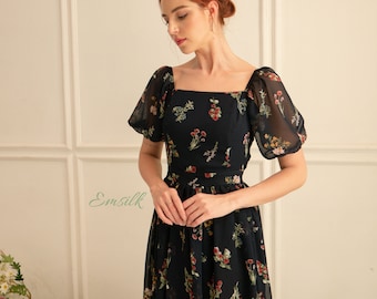 Navy Floral off shoulder chiffon dress/summer chiffon dress/floral chiffon dress/tea dress/dead stock Korea Chiffon/puffed sleeves dress