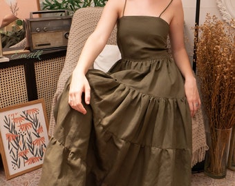 Dark Olive Green Linen Maxi Dress: Gathered Panel, Handmade