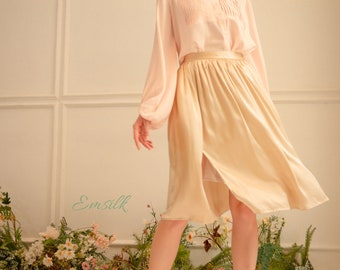 Beige 100% silk slip skirt/silk slip skirt/fall outfit/women skirt/midi silk skirt/street style/A-line silk slip outfit