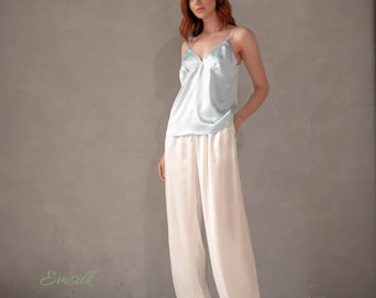 100 percent pure silk Handmade Silk Pajama Set: Women's Cami and Pants Sleepwear