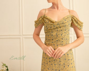 Vestido de gasa amarillo con estampado floral: Vestido de verano con hombros descubiertos, hecho a mano.