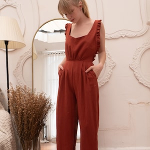 Rust Orange Linen Jumpsuit: Handmade Apron Romper with Ruffle Straps