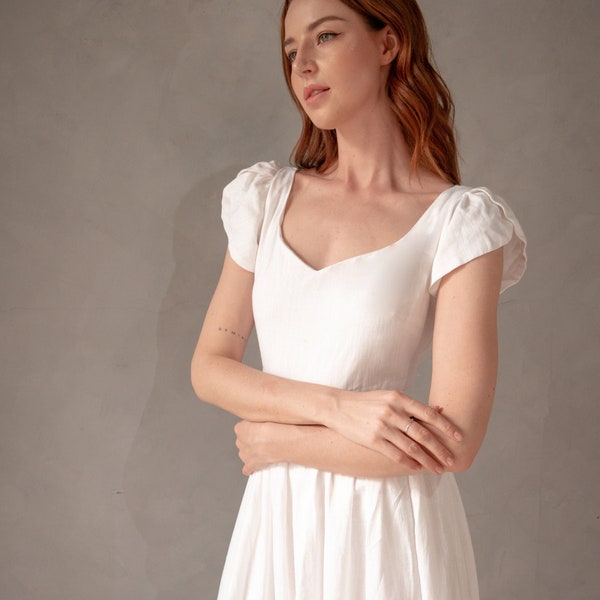 White Linen dress /Bridesmaids linen dress/summer dress/washed and soft linen dress/white linen dress/linen tea dress/sweetheart neckline