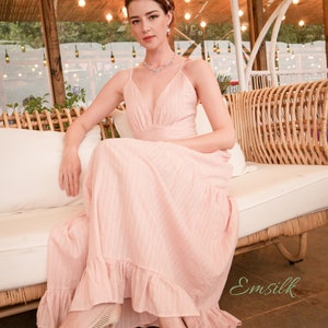 Embroidered Cotton Maxi Dress: Pale Pink Summer Dress with Ruffles