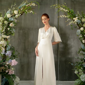 Minimalist Silk Wedding Dress: Handmade Wrap Gown, Puffed Sleeves