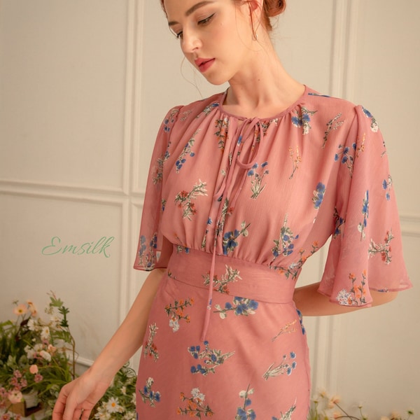 Peach Pink Floral chiffon dress/summer chiffon dress/floral chiffon dress/ruffles chiffon dress/dead stock Korea Chiffon/formal dress