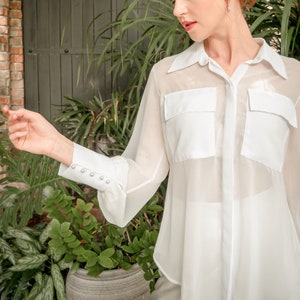 Chiffon blouse/oversized chiffon shirt/women shirt/long sleeves blouse/button down blouse/designed shirt/ front pockets