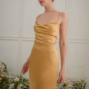 Gold 100% Long silk slip/ Yellow cowl backless silk slip dress/bridesmaid dress/simple party dress/summer silk dress/ red carpet dress