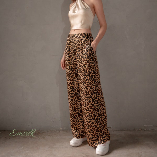 Leopard print 100% Pure silk Pants/High waist pants/fall outfit/women trouser/fall trend/Long silk pants/satin silk trouser/loose fit pants