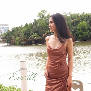 Handmade Rust Orange Silk Dress: Cowl Neck Party Dress