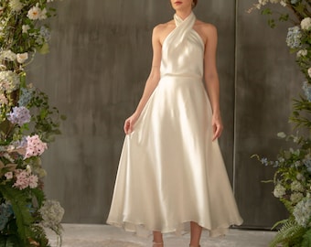 100 % charmeuse ivory silk dress/simple wedding dress/halter twisted neckline silk dress/ women silk dress/party dress/bridesmaid silk dress