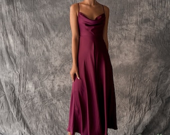 Plum Purple cowl neck silk slip/100% charmeuse silk/pure mulberry silk bridesmaid dress/party dress/long silk dress/women real silk dress