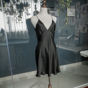 Black Silk Slip Dress: Handmade 100% Mulberry Silk, Deep V Neck