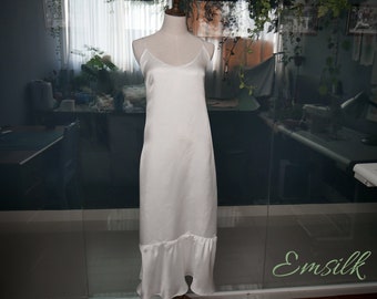 100 percent pure silk Mulberry Silk Slip Dress: Handmade White Ruffle Hem Gown