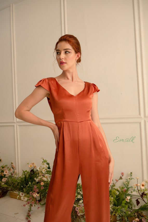 Buy Rust Orange 100 Pure Silk Jumpsuit wedding Jumpsuit wide Leg