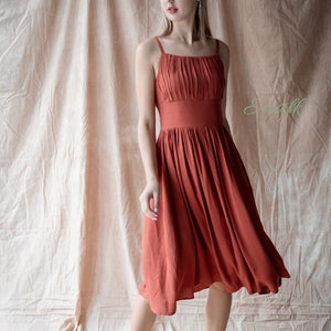 Rust Orange pleated Linen dress /linen summer dress/ Washed and soft linen dress/Apron style dress/Linen Tea dress/copper linen dress image 3