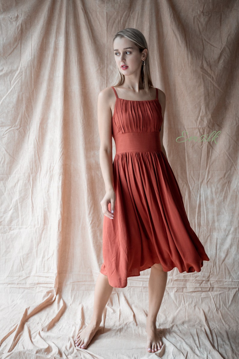 Rust Orange pleated Linen dress /linen summer dress/ Washed and soft linen dress/Apron style dress/Linen Tea dress/copper linen dress image 3