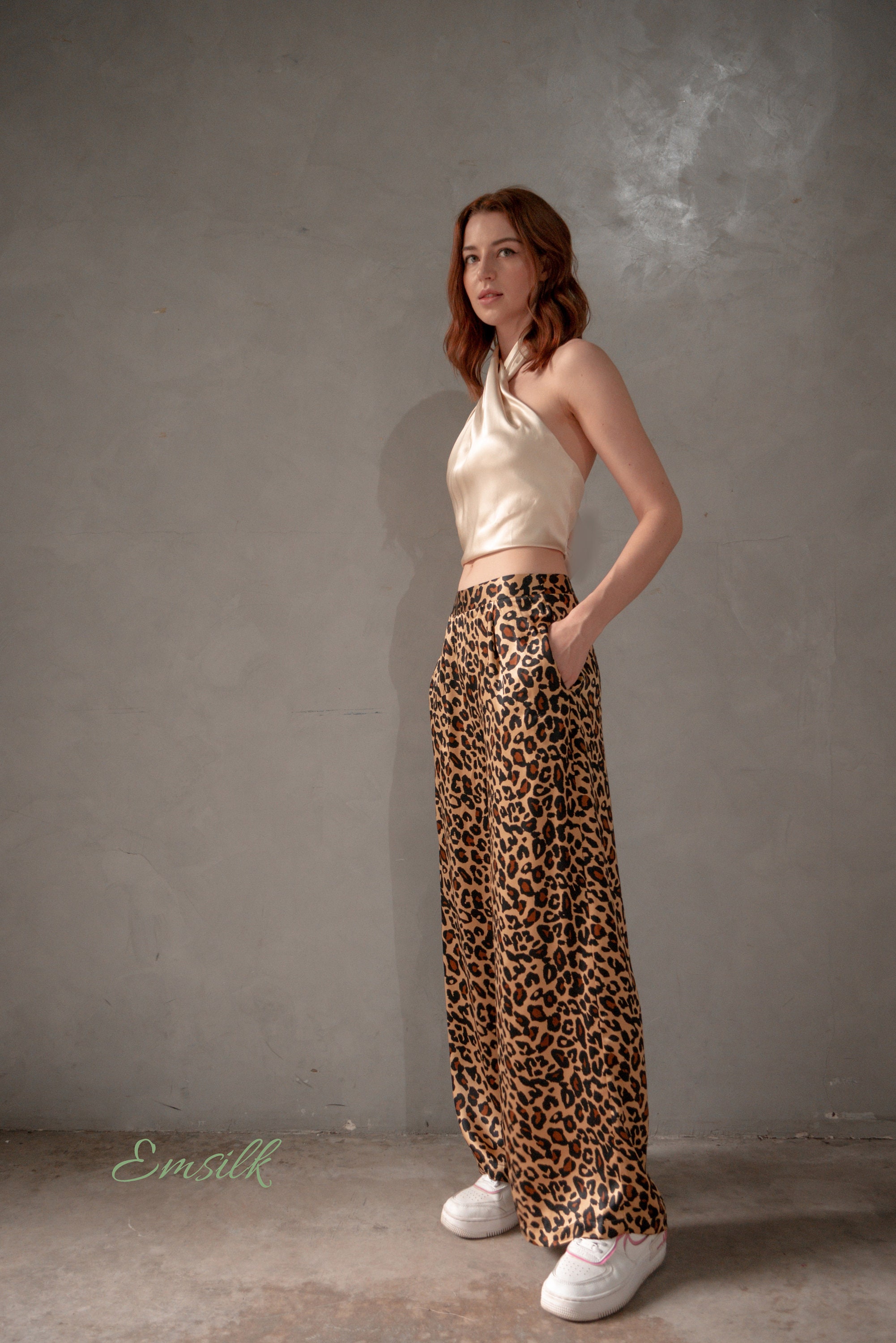 Leopard Print 100% Pure Silk Pants/high Waist Pants/fall Leopard Print 100% Pure Silk Pants/high Waist Pants/fall