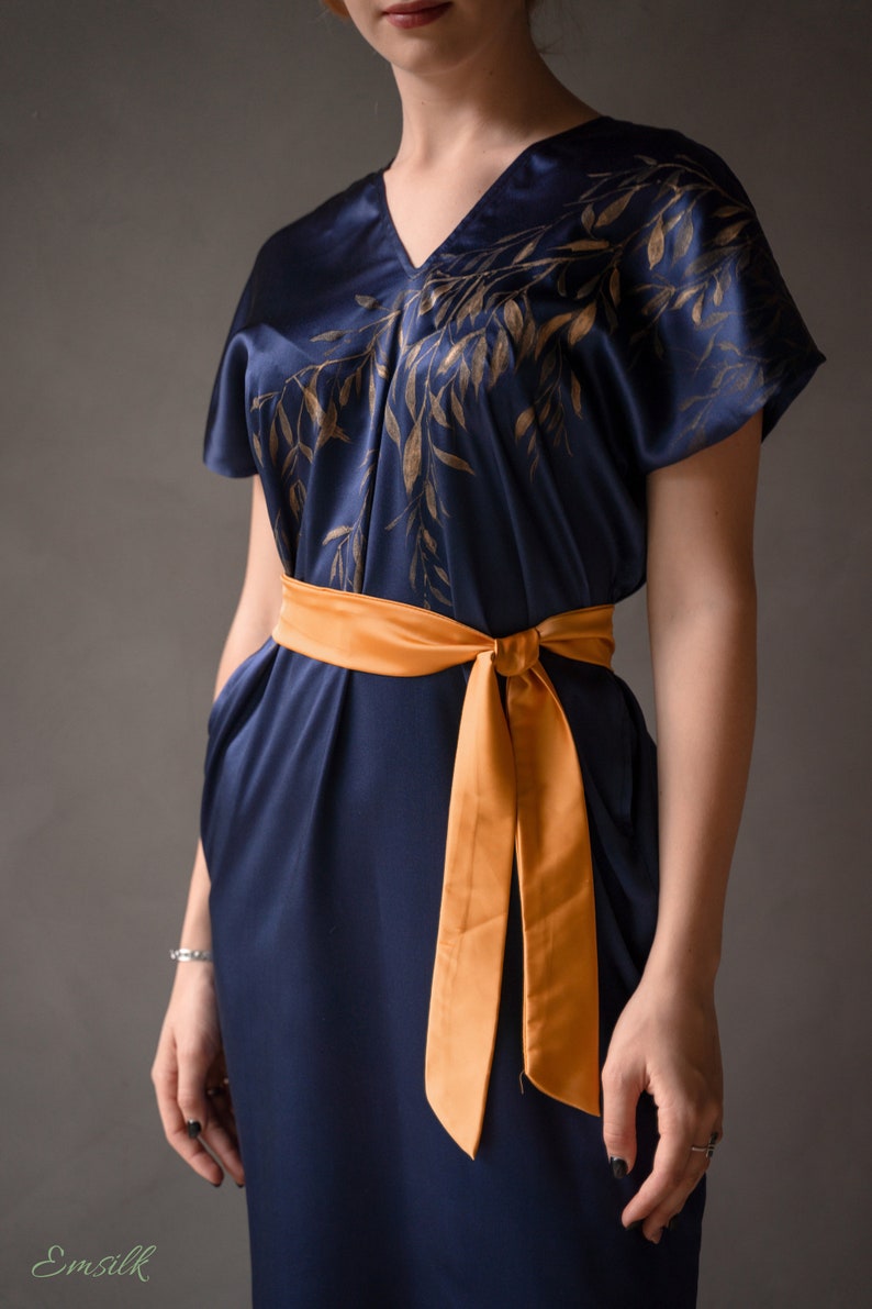 Hand-painted gold paint leaves on navy silk dress/oversized silk dress/women work dress/casual dress/simple women dress/gift for her image 3